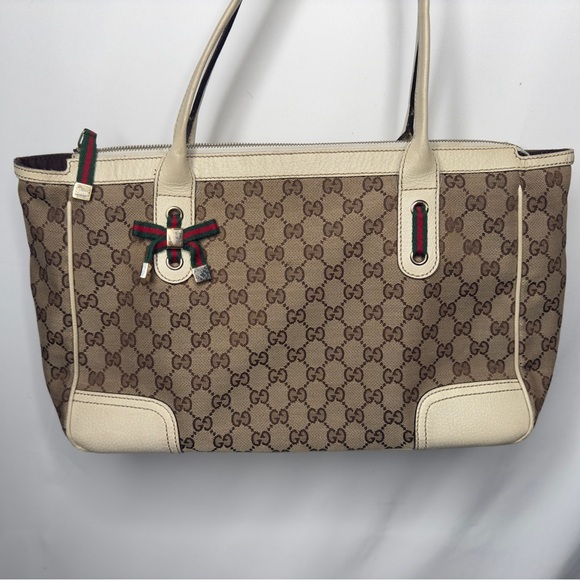 ❌SOLD❌Gucci GG Canvas Ribbon Tote Bag, Shoulder Bag Purse Leather Khaki Beige - Picture 13 of 13